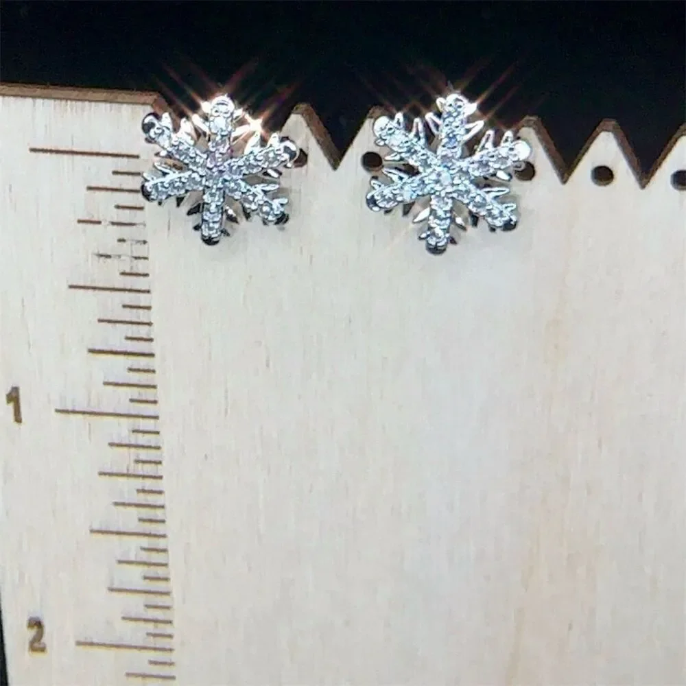Silver Snowflake Crystal CZ Stud Earrings Christmas Theme - Picture 5 of 8